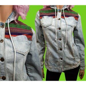 Y2K Hooded Denim Jacket blue Light Wash Womens Size S